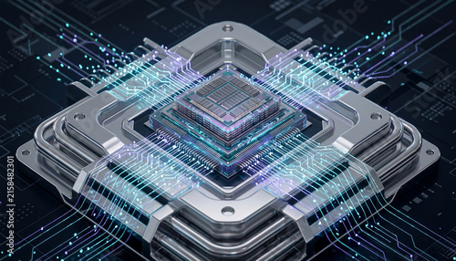 Futuristic AI microchip processor on motherboard circuit with glowing data connection lines and quantum computing hardware concept