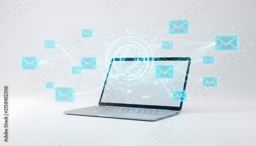 Futuristic email marketing communication hologram with floating blue glowing envelope icons flying from laptop screen digital messaging concept