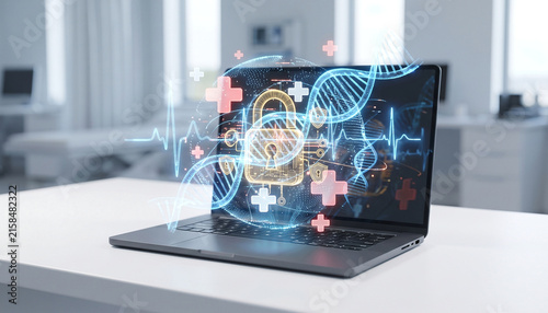Futuristic medical cyber security hologram with glowing padlock DNA double helix and heartbeat pulse floating on laptop screen healthcare data protection concept