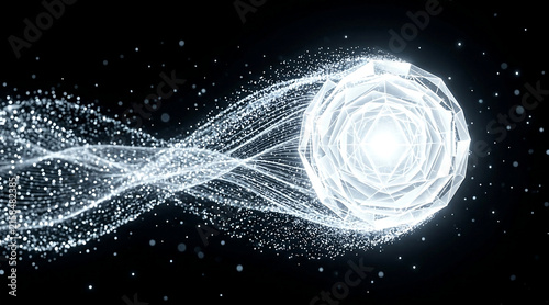 Futuristic glowing diamond crystal energy sphere with sparkling particle wave trail on dark black background quantum motion concept