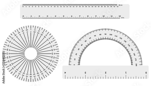 Educational mathematics geometry layout presents standard straight ruler alongside circular full circle and semicircular degree protractor measuring instruments for school students