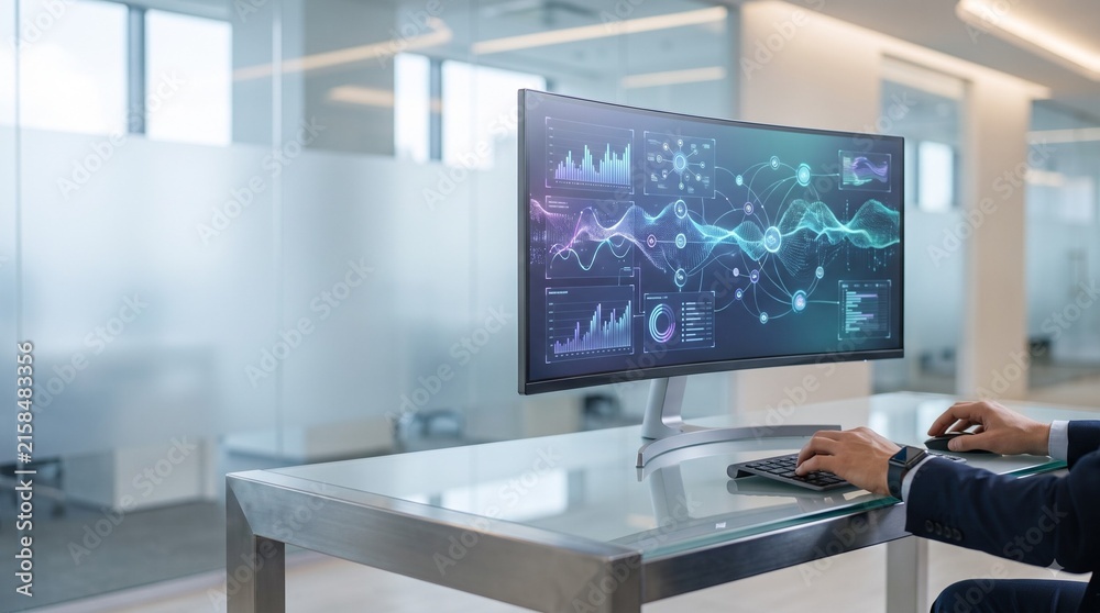 Fototapeta premium Business Professional Analyzing Interactive Data Visualization and Financial Growth Metrics on Wide Curved Desktop Monitor