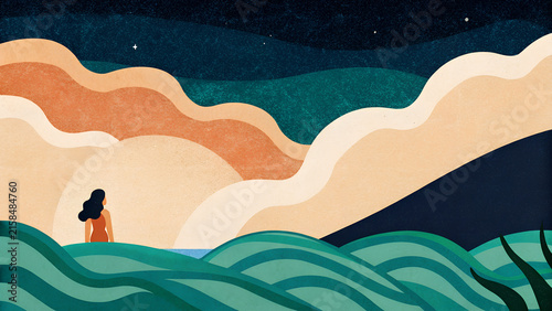 Abstract landscape illustration of woman watching sunset over ocean waves. Stylized nature background with rolling hills and starry night sky. Minimalist art for wellness and meditation.