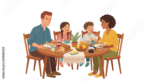 Happy multi-ethnic family enjoying breakfast together at home.