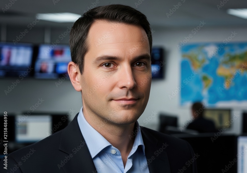 Fototapeta premium Serious professional man in a suit standing in a modern newsroom office with screens in background