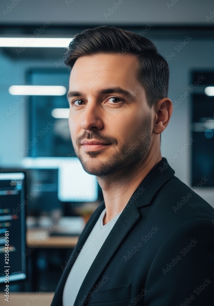 Fototapeta premium Professional young man with dark hair looking at camera in a modern office tech environment