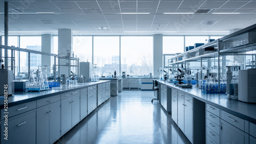 Generative AI image of a panoramic view of a modern empty research laboratory with long benches receding in a modern healthcare setting with professional clinical styling and commercial copy space.
