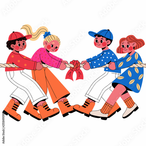 Modern stylized vector of children in trendy clothing playing tug of war game for fashion brand marketing or youth lifestyle blog header featuring orange boots.