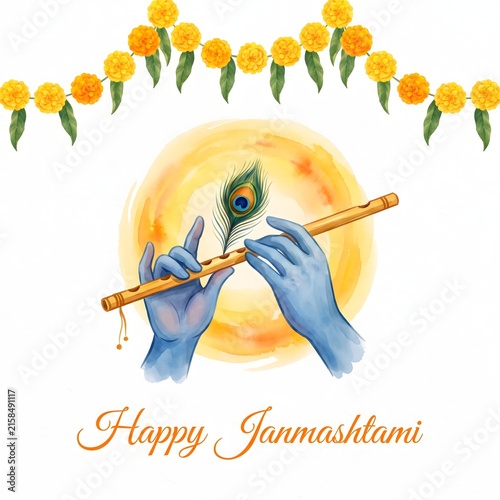 Lord krishna's hands playing flute with peacock feather for janmashtami festival.