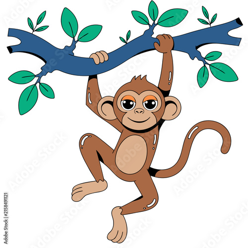 Photography Cartoon monkey character illustration with light brown fur holding onto a dark blue tree branch with green leaves, suitable for children's media