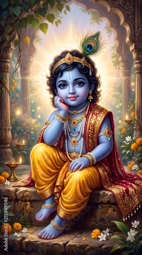 Little krishna sitting in temple with yellow dhoti and silk drapery.