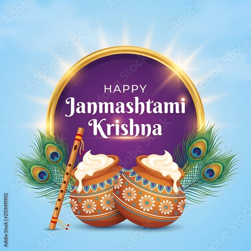 Happy Janmashtami Krishna decorative elements with pots flute.