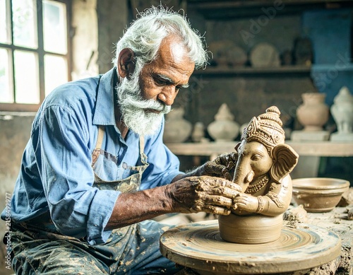 Elderly Indian artisan handcrafting a traditional Ganpati idol from natural clay, showcasing skilled craftsmanship, cultural heritage, Indian tradition, eco-friendly art, and Ganesh Chaturthi.