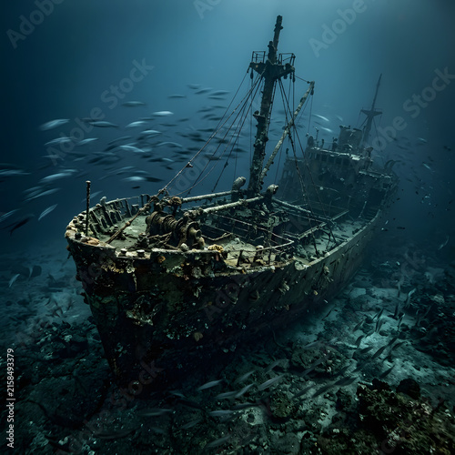 Ancient shipwreck with coral growth and fish swimming around.