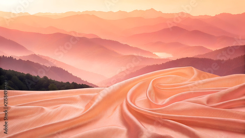 Ethereal mountain landscape with flowing pink silk fabric, misty mountain range at sunset, soft peach textile waves over hazy hills, surreal nature scenery for luxury branding and wellness