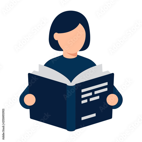 Woman reading book with dark hair and blue shirt in simple illustration style