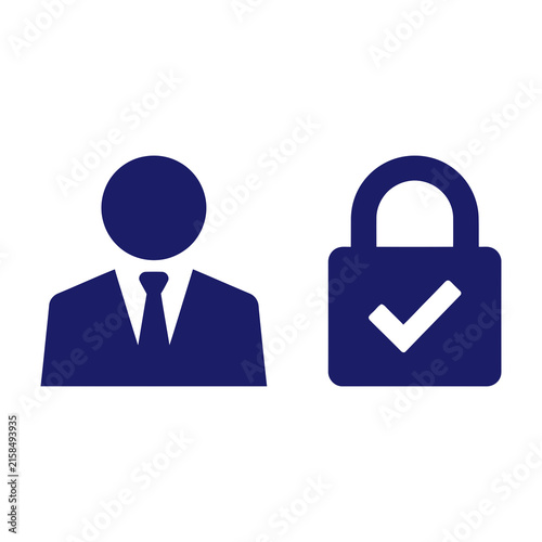 Blue user profile and security lock icon with checkmark symbol on white background