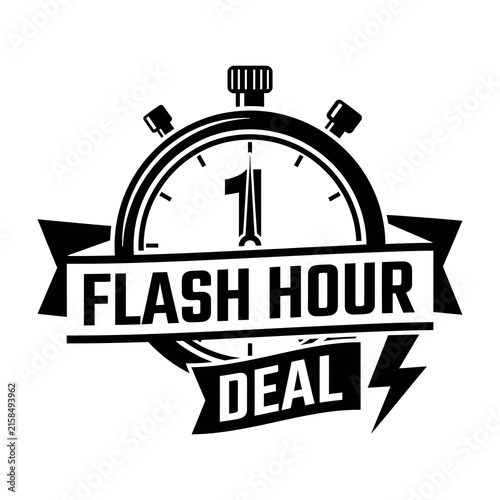 Flash hour deal badge with stopwatch and lightning bolt symbol for quick sale