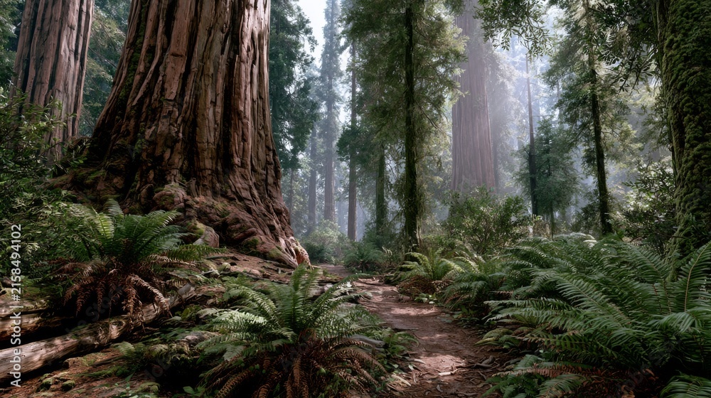 Fototapeta premium Majestic Redwoods Towering Over a Serene Forest Path Surrounded by Lush Greenery and Soft Light Filtering Through the Canopy in a Tranquil Environment