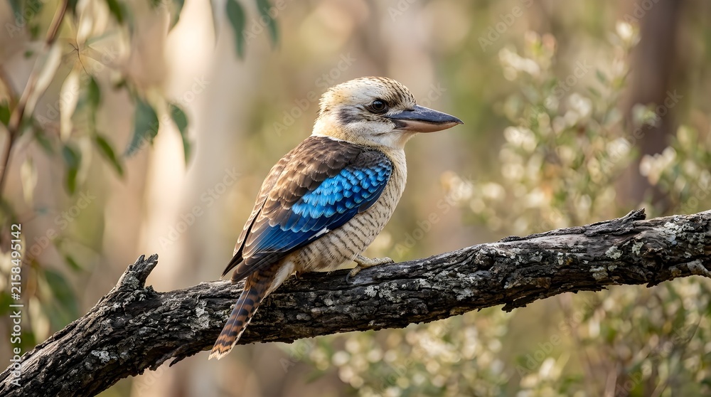 Fototapeta premium Blue-winged Kookaburra on Forest Branch