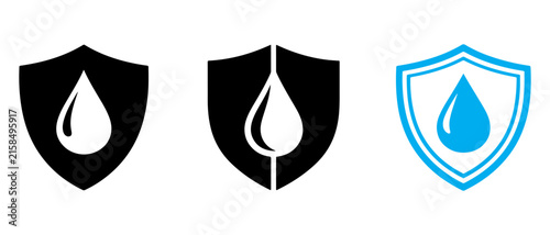 Waterproof icon set for water resistant materials, rain protection, wet fabric, shields, and outdoor