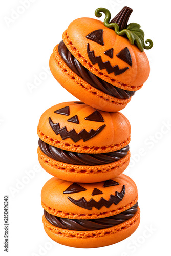 Stack of Jack O Lantern Decorated Macarons for Halloween Dessert