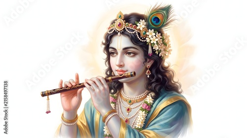 Lord Krishna illustration with flute and peacock feather adornment.