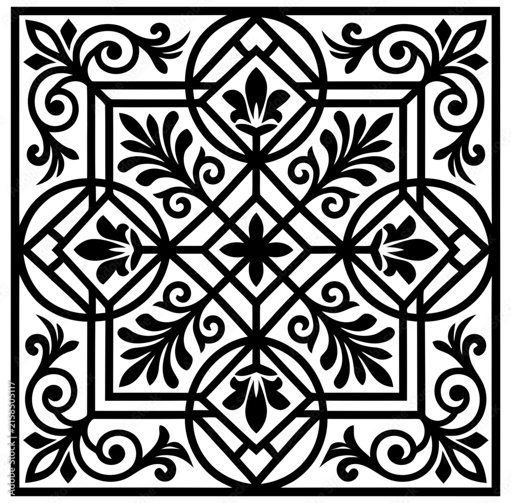 Fototapeta premium A sophisticated seamless vector square design featuring intricate floral motifs and geometric grid symmetry for luxury architectural embellishing structure.