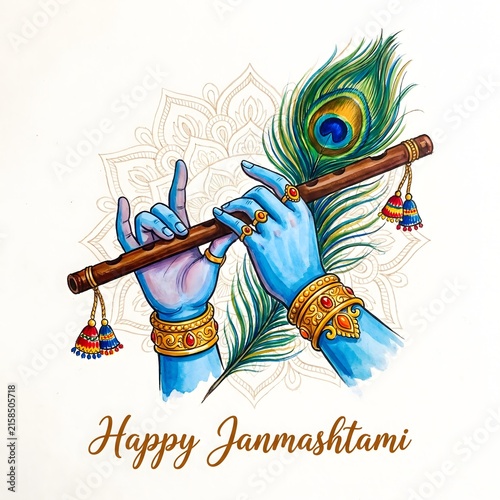Lord krishna hands playing flute with peacock feather and mandala design.