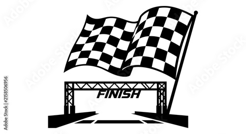 Checkered racing flag waving above a finish line structure black and white silhouette