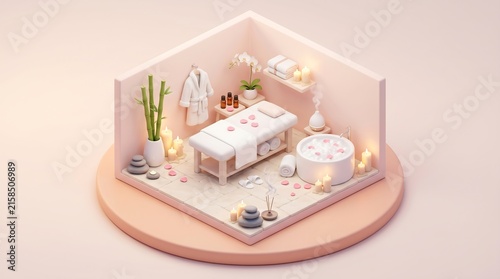 Relaxing isometric spa room with massage table bathtub candles and bamboo plants.