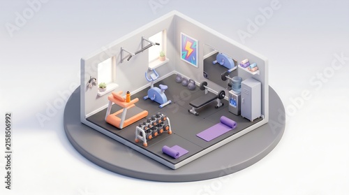 Cozy isometric home gym with treadmill exercise bike weights bench and yoga mat.