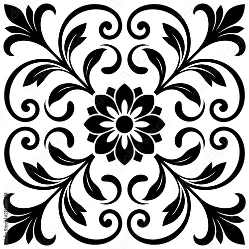 An intricate black floral ornament structure featuring symmetrical stylized petals and sophisticated swirling vine elements.