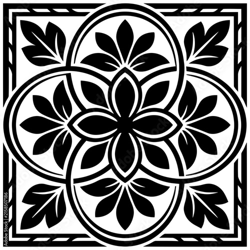 Intricate black and white floral mandala arrangement featuring symmetrical geometric shapes.