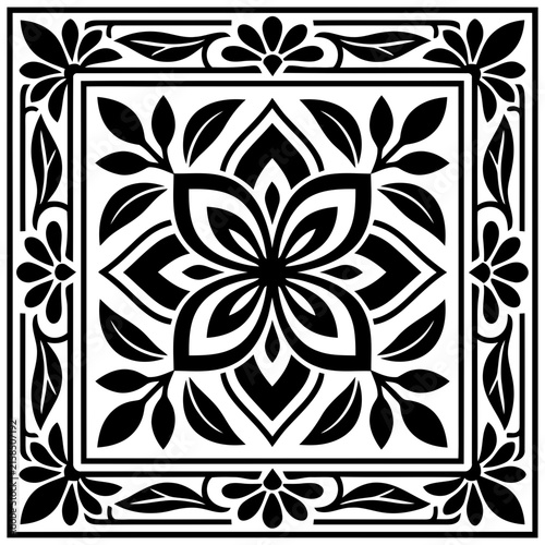 Intricate symmetrical floral tile design featuring a central bloom surrounded by elaborate botanical leaves and adorning geometric border elements.