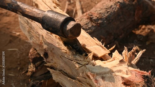 A person using a traditional hand axe to hew a rough wooden log resting. Traditional manual wood-chopping axe with a metal head and wooden handle. Its Commonly used in rural and village settings.