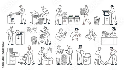 Foto Recycling and waste management workers sorting paper, shredding documents, clean