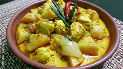 mild aromatic thai yellow curry with chicken and potatoes