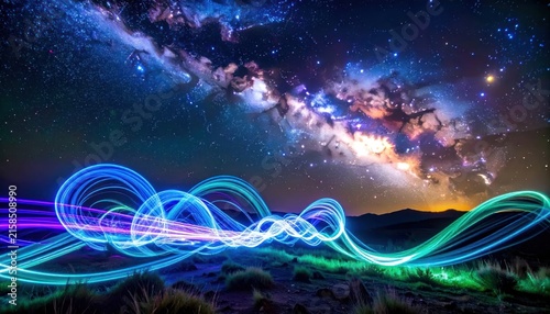 Glowing blue light trails under Milky Way night sky.