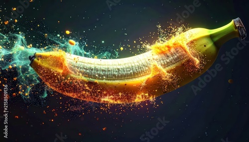 Glowing cosmic banana with orange and green fire sparks.