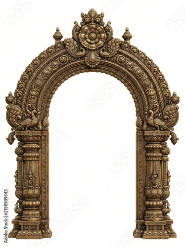 Refined South Indian temple arch with circular medallion and detailed bronze ornamentation