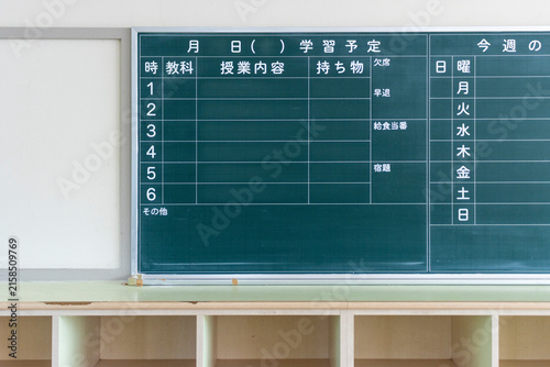 古い日本の小学校(中学校)の教室の後ろの黒板とロッカー（棚）のアップ