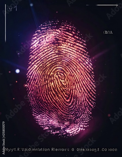 Glowing neon biometric fingerprint on dark digital background.