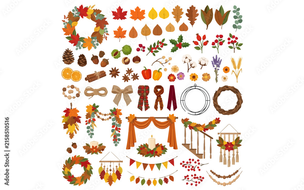 Fototapeta premium Autumn leaf icons set, fall harvest wreaths collection, thanksgiving decorations, seasonal elements, nature doodles isolated on White Background