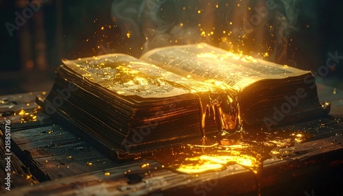 Golden light and liquid covering a vintage book.