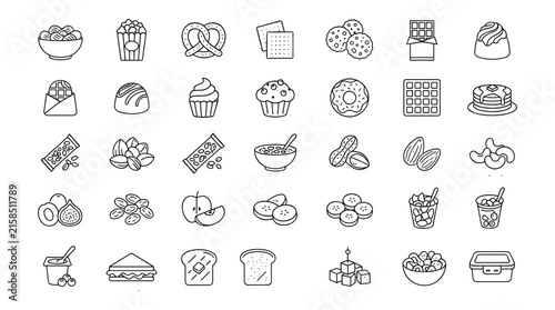 Foto Snacks Desserts and Healthy Treats Thin Line Vector Icon Set with Cookies Nuts C
