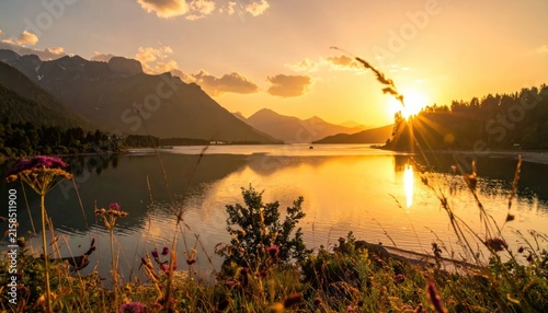 Golden Sunset Over Serene Alpine Lake with Mountain Silhouette and Wildflowers