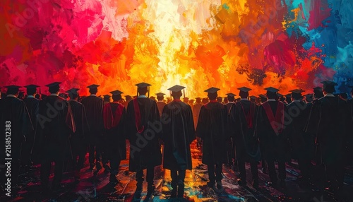 Graduates in Caps and Gowns Marching Towards a Vibrant, Abstract Explosion of Color, Symbolizing Future Success and Education Achievement
