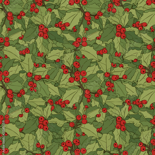 Detailed pattern of holly berries and green foliage