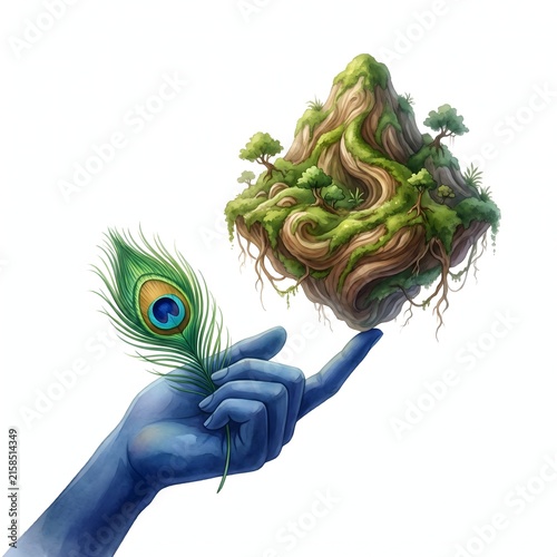 Lord Krishna hand holding peacock feather and lifting govardhan hill.